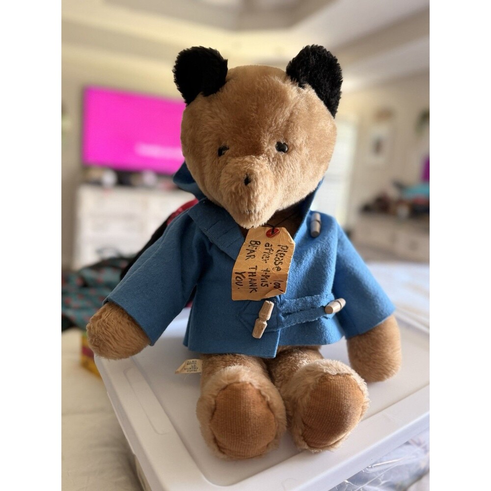 Paddington Bear, w/Blue Coat, VTG 1975, by Eden Toys USA, tags, 19" plush bear